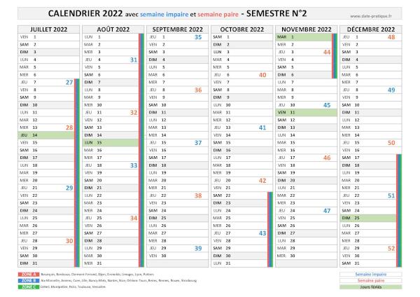 Calendrier 2022 avec les semaines paires et impaires - Semestre N°2.