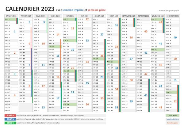Calendrier 2023 avec les semaines paires et les semaines impaires à imprimer.
