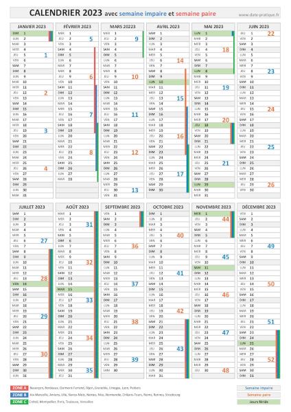 Calendrier 2023 avec semaine paire et impaire, impression au format portrait.