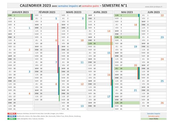 Calendrier 2023 avec les semaines paires et impaires - Semestre N°1.