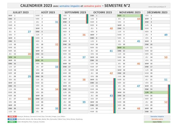 Calendrier 2023 avec les semaines paires et impaires - Semestre N°2.