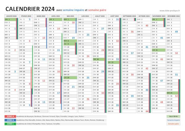 Télécharger et imprimer notre calendrier avec numéros et les dates des 26 semaines paires et des 26 semaines impaires de l'année 2024 Calendrier 2024 avec les semaines paires et les semaines impaires à imprimer.