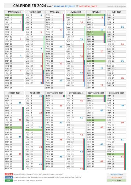 Calendrier 2024 avec semaine paire et impaire, impression au format portrait.