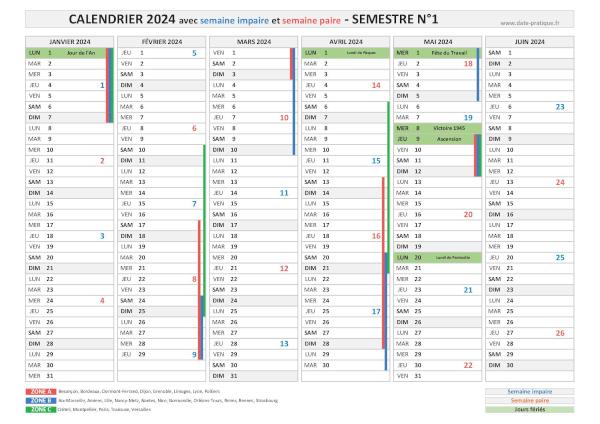 Calendrier 2024 avec les semaines paires et impaires - Semestre N°1.