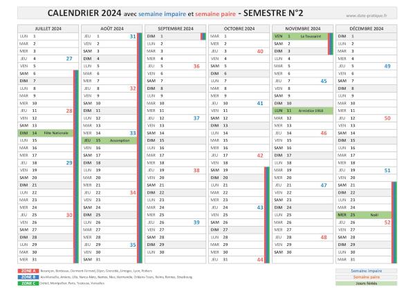 Calendrier 2024 avec les semaines paires et impaires - Semestre N°2.