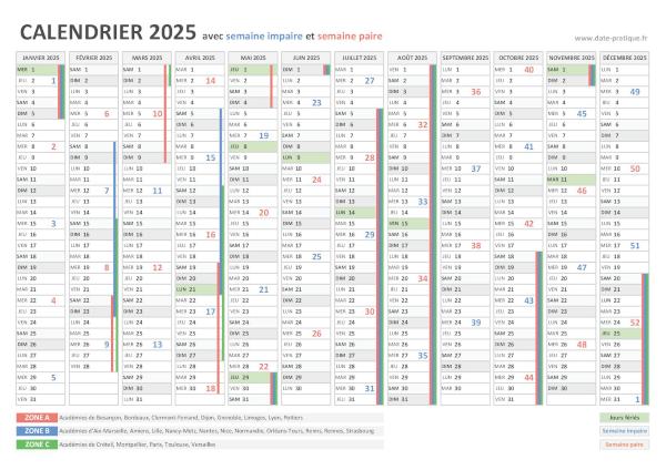 Calendrier 2025 avec les semaines paires et les semaines impaires à imprimer.