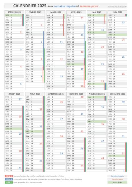 Calendrier 2025 avec semaine paire et impaire, impression au format portrait.