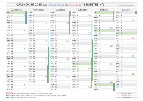 Calendrier 2025 avec les semaines paires et impaires - Semestre N°1.