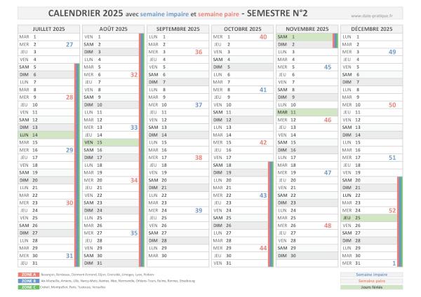 Calendrier 2025 avec les semaines paires et impaires - Semestre N°2.