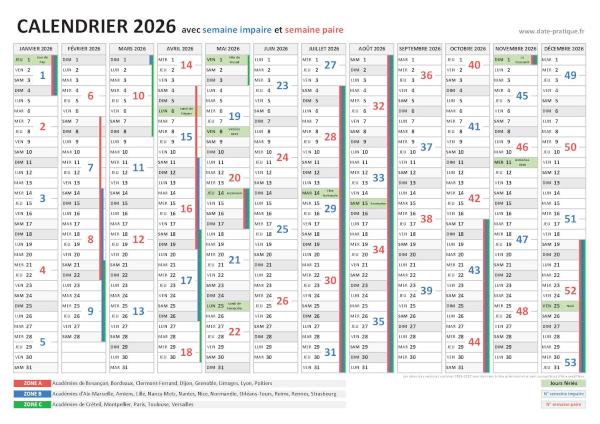 Calendrier 2026 avec les semaines paires et les semaines impaires à imprimer.