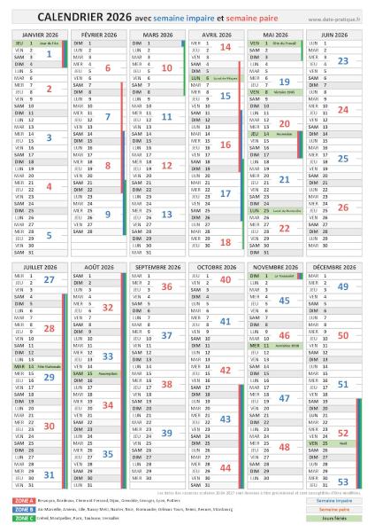 Calendrier 2026 avec semaine paire et impaire, impression au format portrait.