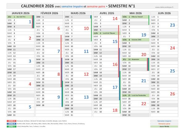 Calendrier 2026 avec les semaines paires et impaires - Semestre N°1.