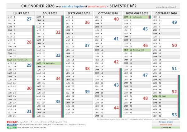Calendrier 2026 avec les semaines paires et impaires - Semestre N°2.