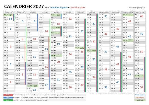 Calendrier 2027 avec les semaines paires et les semaines impaires à imprimer.