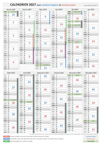 Calendrier 2027 avec semaine paire et impaire, impression au format portrait.