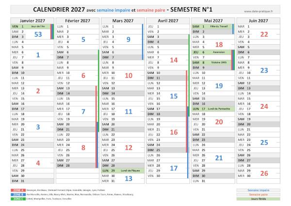Calendrier 2027 avec les semaines paires et impaires - Semestre N°1.