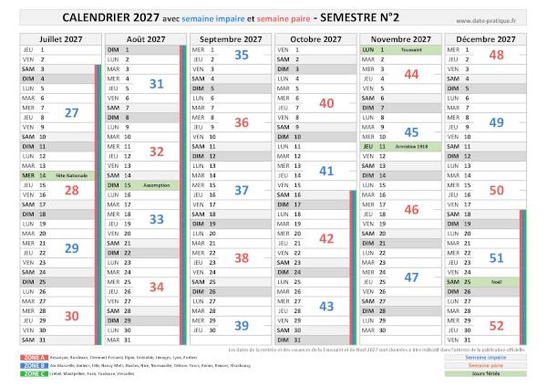 Calendrier 2027 avec les semaines paires et impaires - Semestre N°2.