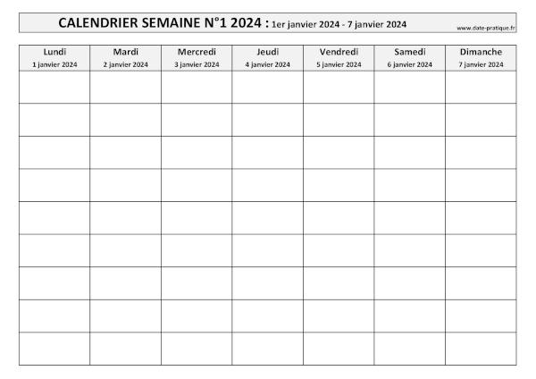 Calendrier pour la semaine 1 2024 à imprimer.