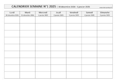 Calendrier pour la semaine 1 2025 à imprimer en noir et blanc, format A4 paysage.