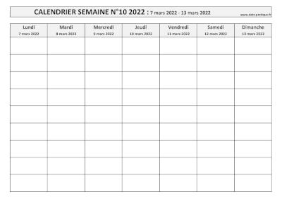 Calendrier pour la semaine 10 2022 à imprimer.