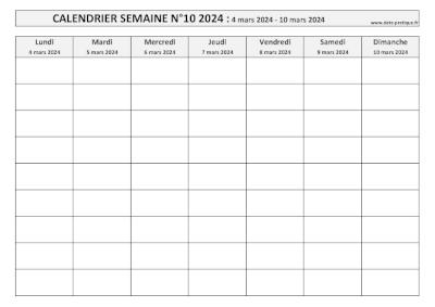 Calendrier pour la semaine 10 2024 à imprimer en noir et blanc, format A4 paysage.