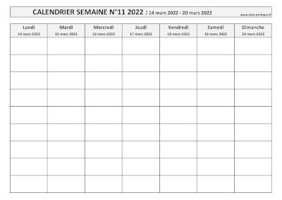Calendrier pour la semaine 11 2022 à imprimer.