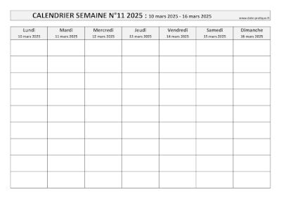 Calendrier pour la semaine 11 2025 à imprimer en noir et blanc, format A4 paysage.