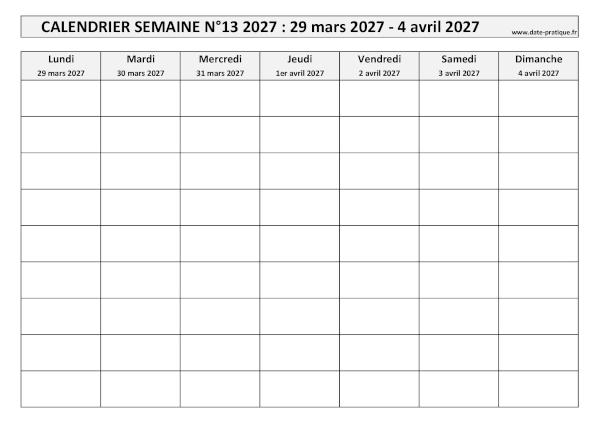 Calendrier pour la semaine 13 2027 à imprimer en noir et blanc, format A4 paysage.