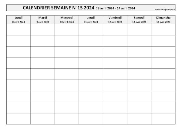 Calendrier pour la semaine 15 2024 à imprimer.