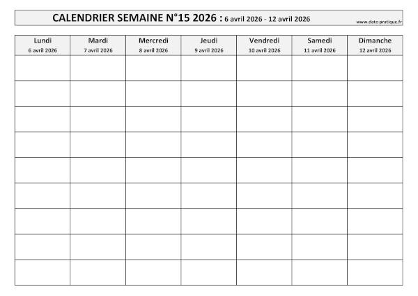 Calendrier pour la semaine 15 2026 à imprimer en noir et blanc, format A4 paysage.