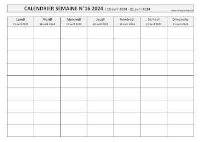 Calendrier pour la semaine 16 2024 à imprimer en noir et blanc, format A4 paysage.