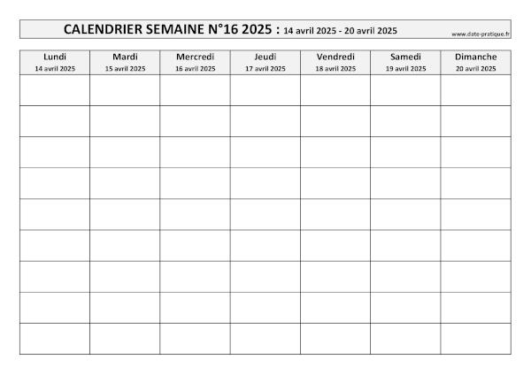 Calendrier pour la semaine 16 2025 à imprimer.