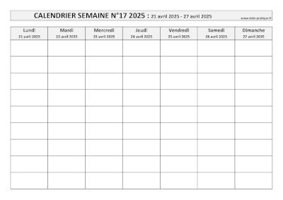 Calendrier pour la semaine 17 2025 à imprimer en noir et blanc, format A4 paysage.