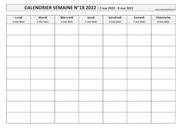 Calendrier pour la semaine 18 2022 à imprimer.