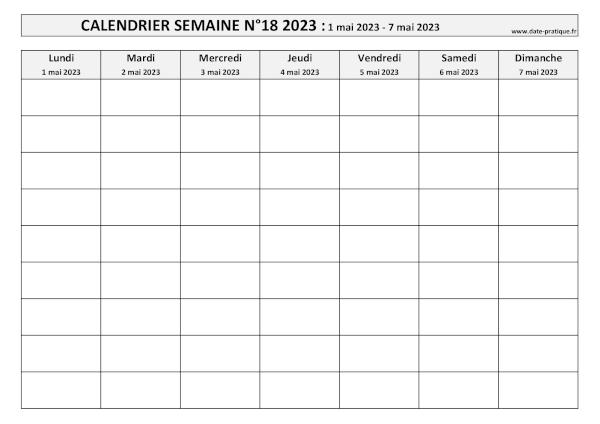 Calendrier pour la semaine 18 2023 à imprimer.