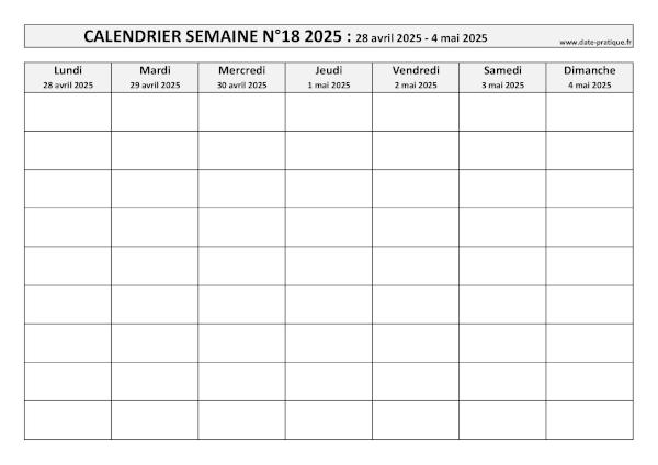 Calendrier pour la semaine 18 2025 à imprimer.