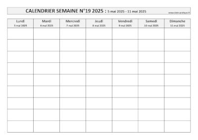 Calendrier pour la semaine 19 2025 à imprimer en noir et blanc, format A4 paysage.