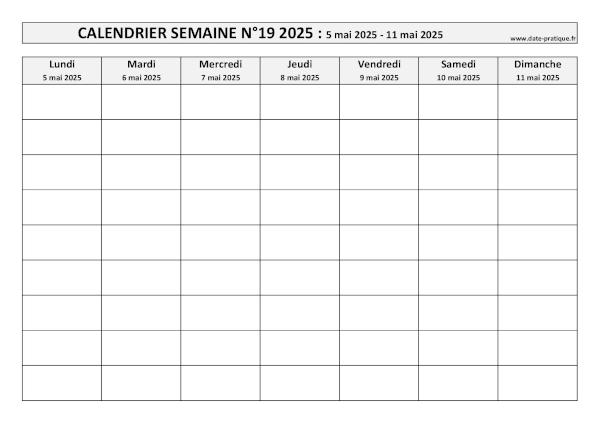 Calendrier pour la semaine 19 2025 à imprimer.