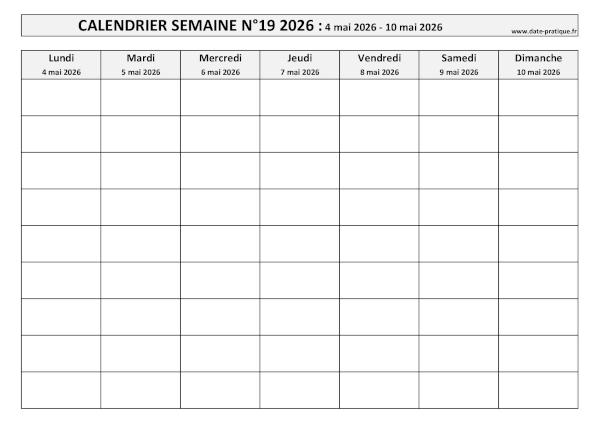 Calendrier pour la semaine 19 2026 à imprimer en noir et blanc, format A4 paysage.