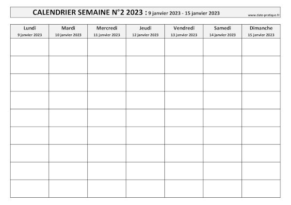 Calendrier pour la semaine 2 2023 à imprimer.