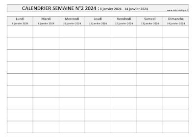 Calendrier pour la semaine 2 2024 à imprimer en noir et blanc, format A4 paysage.
