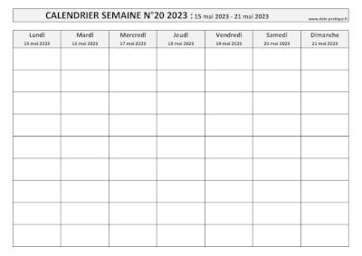 Calendrier pour la semaine 20 2023 à imprimer en noir et blanc, format A4 paysage.