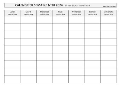 Calendrier pour la semaine 20 2024 à imprimer en noir et blanc, format A4 paysage.