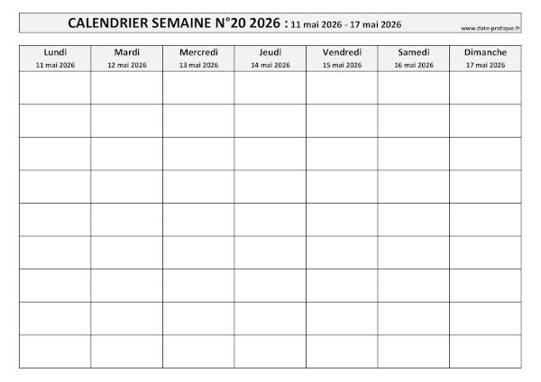 Calendrier pour la semaine 20 2026 à imprimer en noir et blanc, format A4 paysage.