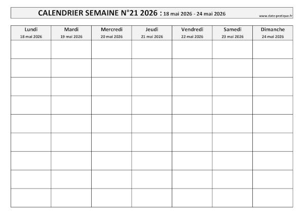 Calendrier pour la semaine 21 2026 à imprimer en noir et blanc, format A4 paysage.