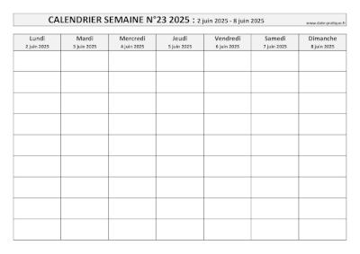 Calendrier pour la semaine 23 2025 à imprimer en noir et blanc, format A4 paysage.