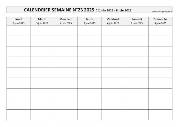 Calendrier pour la semaine 23 2025 à imprimer.