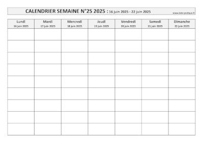 Calendrier pour la semaine 25 2025 à imprimer en noir et blanc, format A4 paysage.