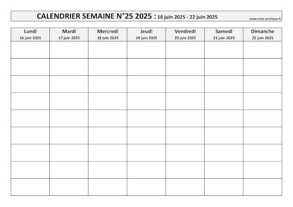Calendrier pour la semaine 25 2025 à imprimer.