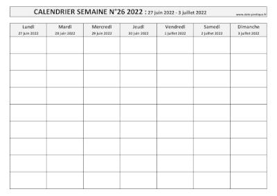 Calendrier pour la semaine 26 2022 à imprimer.
